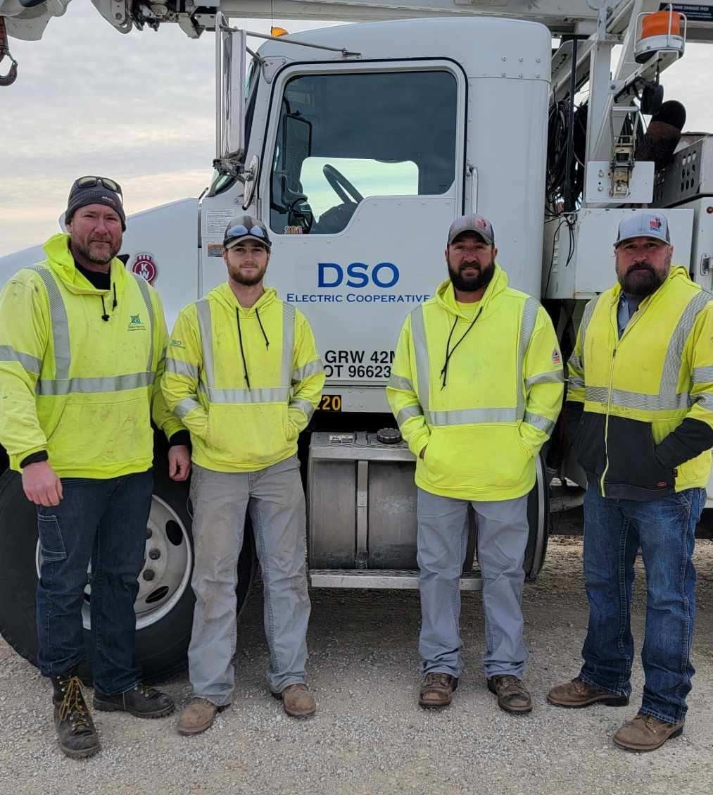 DSO linemen volunteered to join mutual aid efforts to help restore power to electric cooperative members in South Carolina following the devastation of Hurricane Helene in late September. Linemen who participated included from left: Kiff Swisher, Braden Mitchell, Eric Baier and Aaron Taylor.